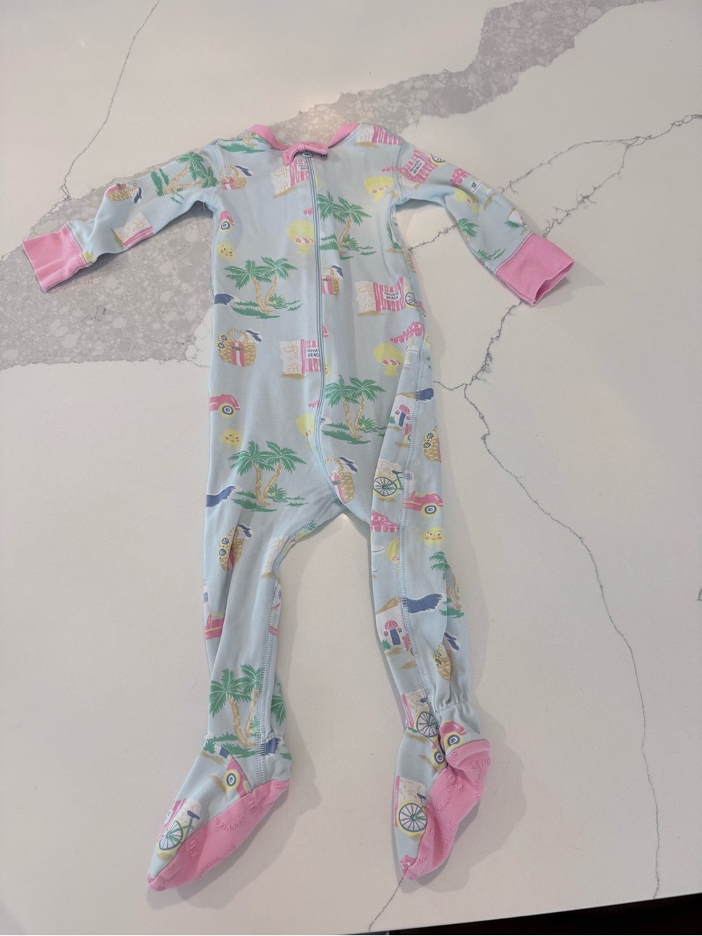 Light Blue and Pink Palm-Print Zipper Footed One-Piece